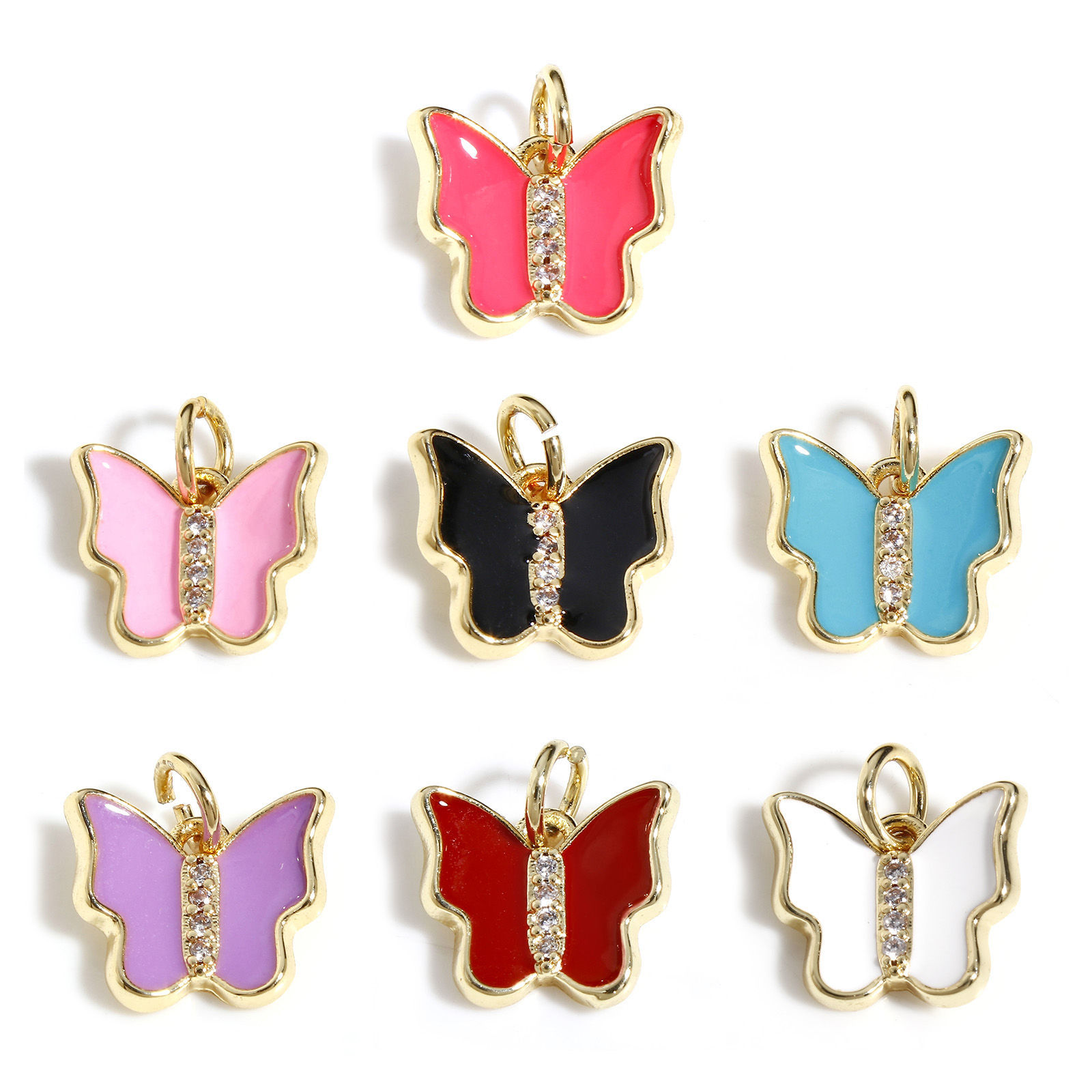 Immagine di Rame Insetto Charms Farfalla 18K Oro riempito Multicolore Smalto Trasparente Cubic Zirconiae 12mm x 10.5mm, 1 Pz