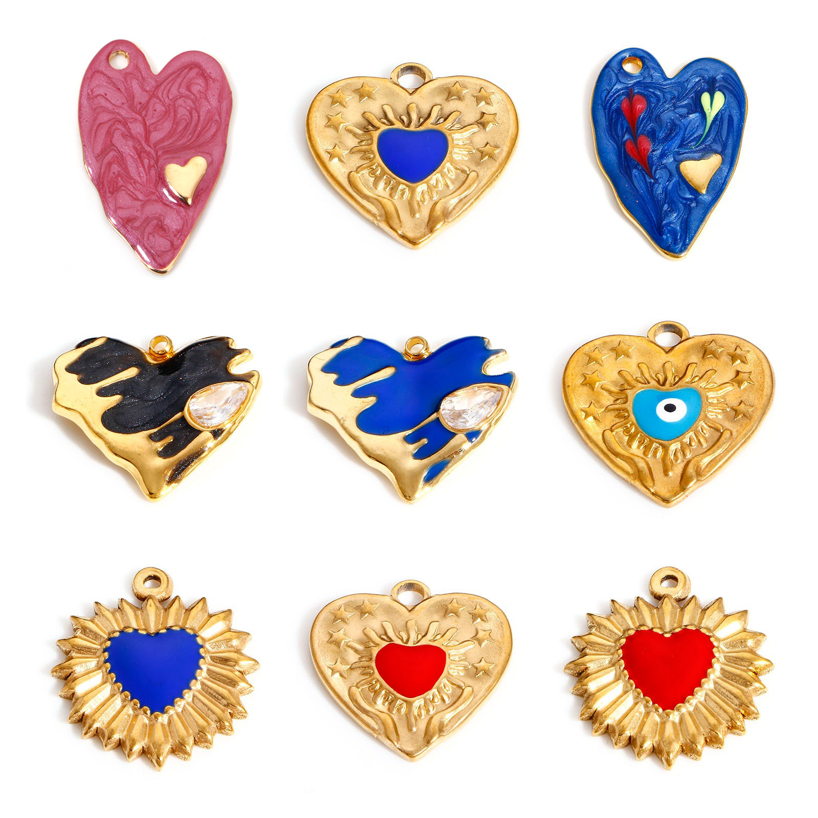 Picture of 304 Stainless Steel Valentine's Day Charms Gold Plated Multicolor Heart Evil Eye Enamel
