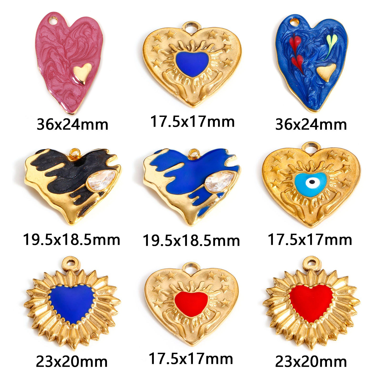 Picture of 304 Stainless Steel Valentine's Day Charms Gold Plated Multicolor Heart Evil Eye Enamel