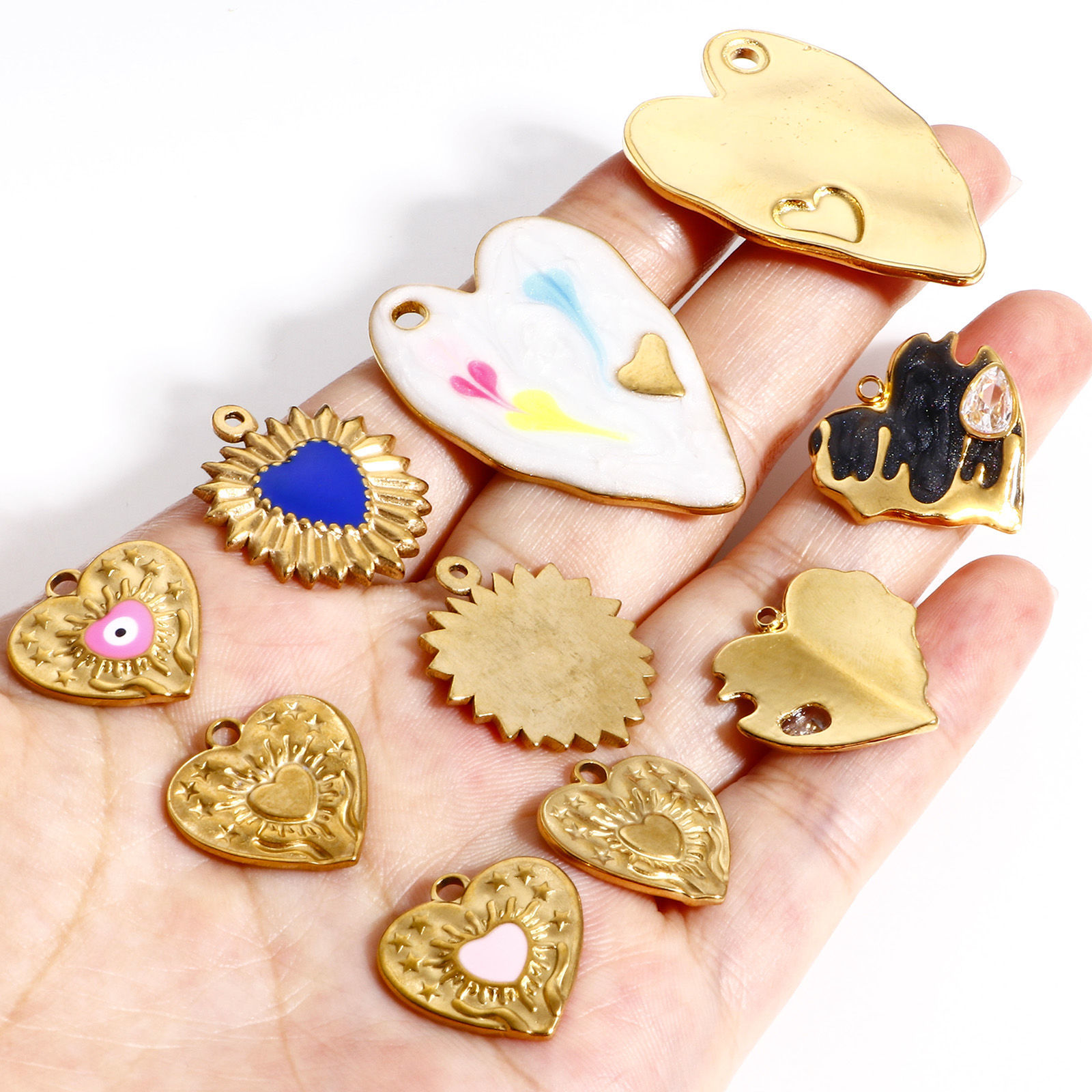 Picture of 304 Stainless Steel Valentine's Day Charms Gold Plated Multicolor Heart Evil Eye Enamel