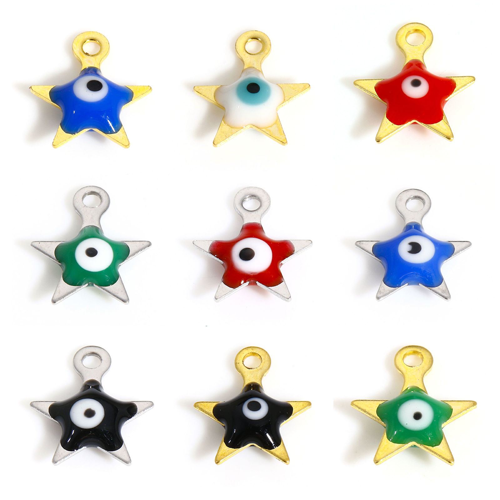 Picture of 304 Stainless Steel Religious Charms Pentagram Star Evil Eye Double-sided Enamel 9mm x 8mm, 10 PCs
