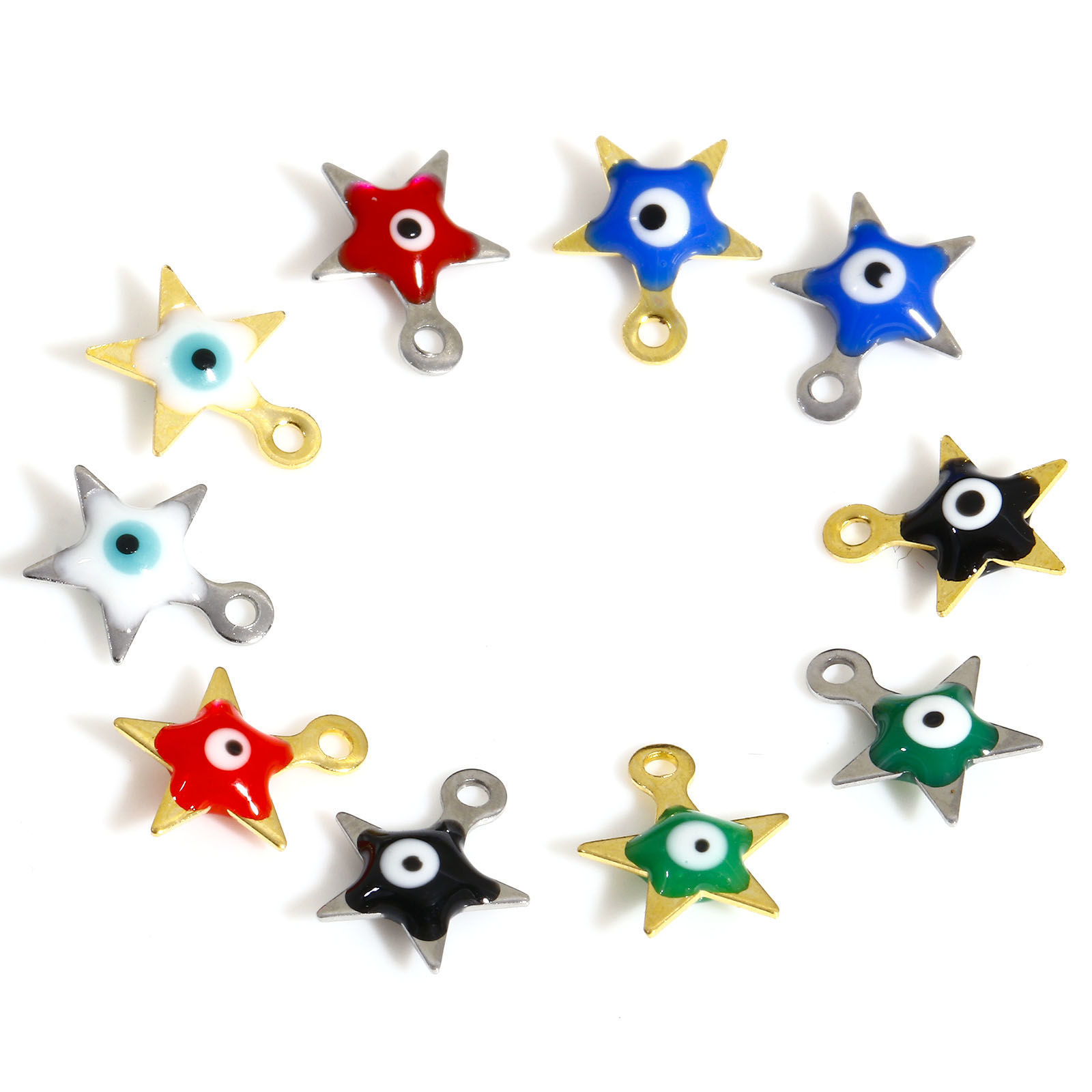 Picture of 304 Stainless Steel Religious Charms Pentagram Star Evil Eye Double-sided Enamel 9mm x 8mm, 10 PCs