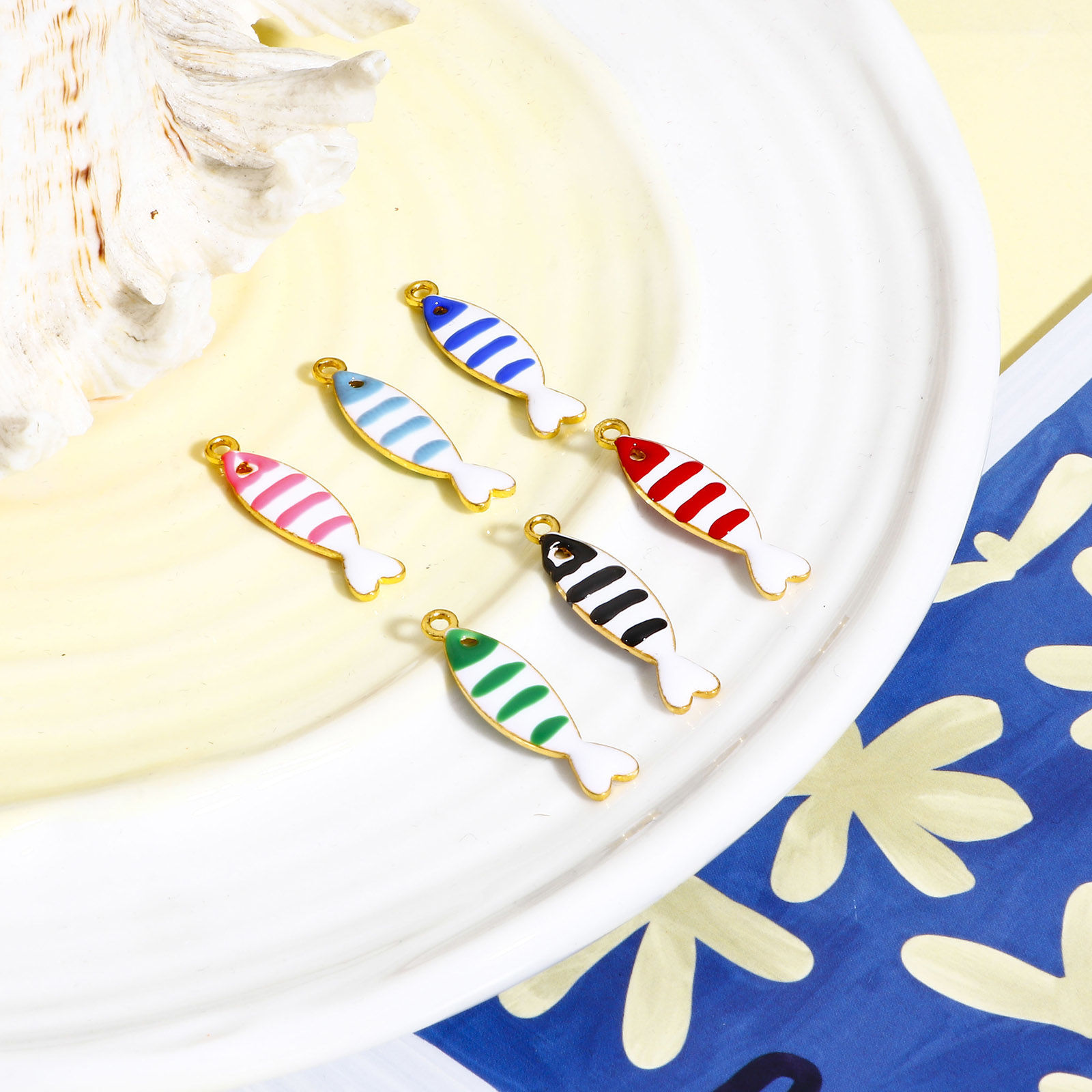 Picture of Zinc Based Alloy Enamelled Sequins Charms Gold Plated Multicolor Fish Animal Enamel 26mm x 7mm, 5 PCs