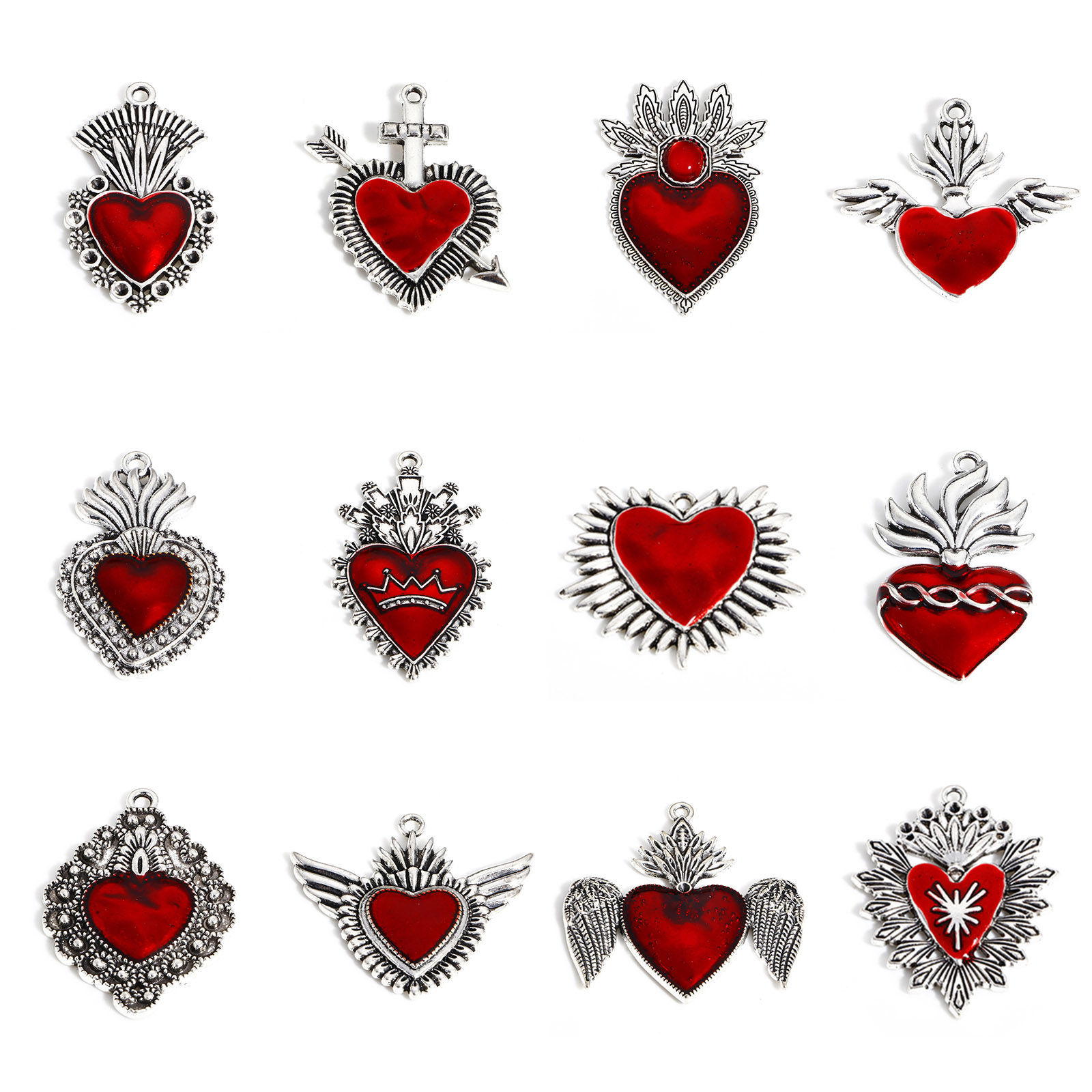 Picture of Zinc Based Alloy Religious Pendants Antique Silver Color Red Ex Voto Heart Enamel 5 PCs