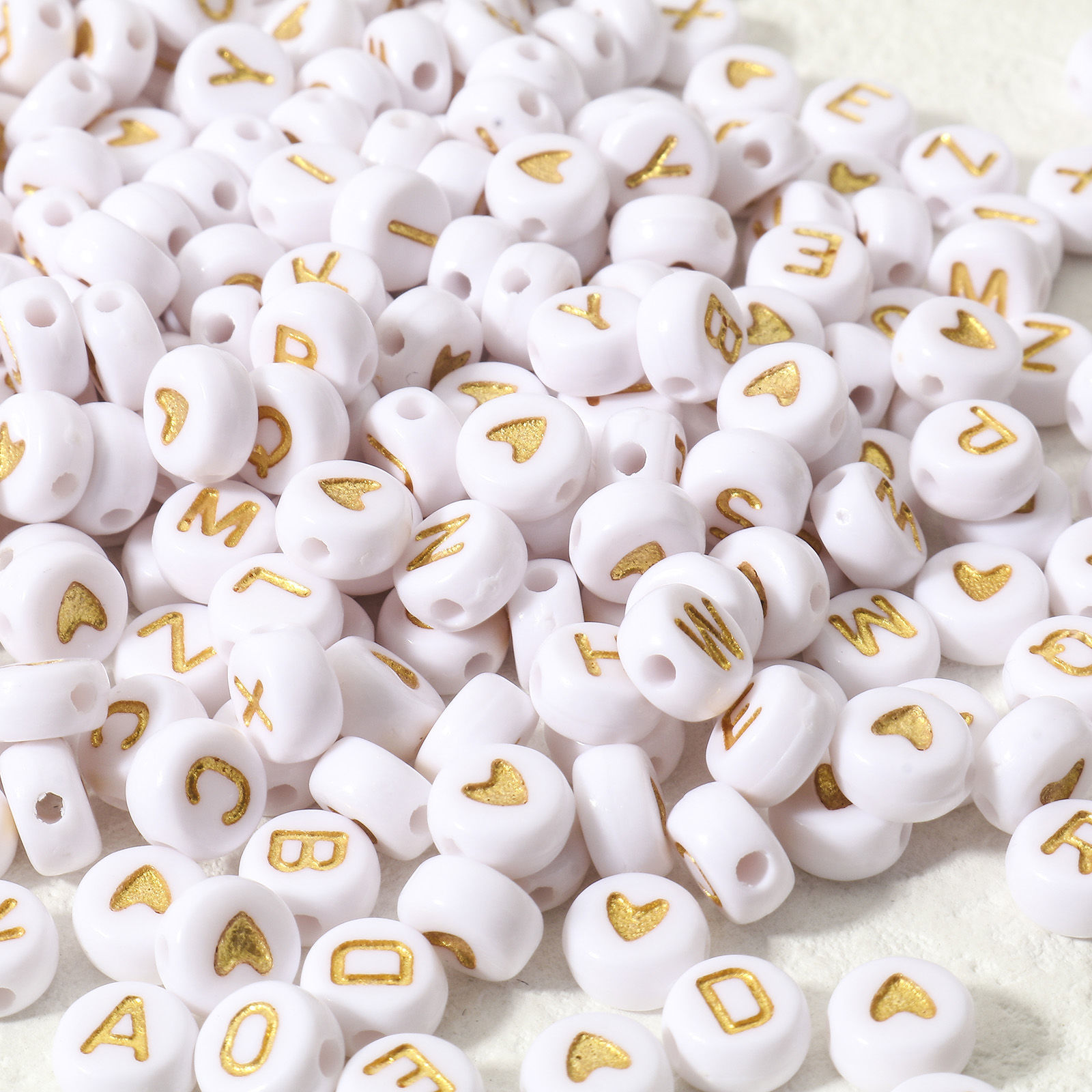 Picture of Acrylic Beads For DIY Charm Jewelry Making Golden Round Initial Alphabet/ Capital Letter Message " A-Z " Enamel About 7mm Dia., Hole: Approx 1.6mm, 300 PCs