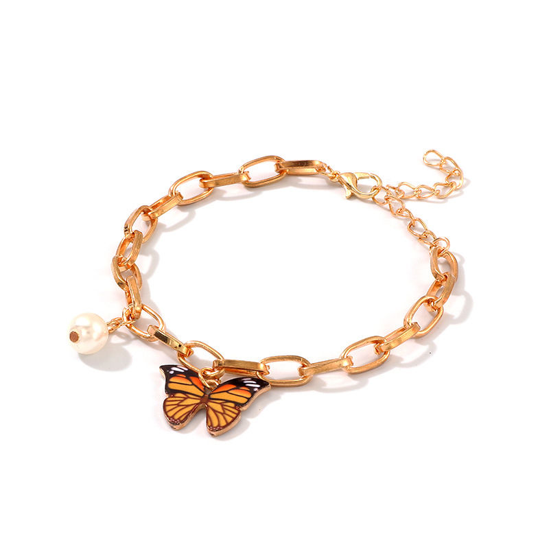 Picture of Paperclip Chains Bracelets Gold Plated Fuchsia Butterfly Animal Imitation Pearl 19cm(7 4/8") long, 1 Piece