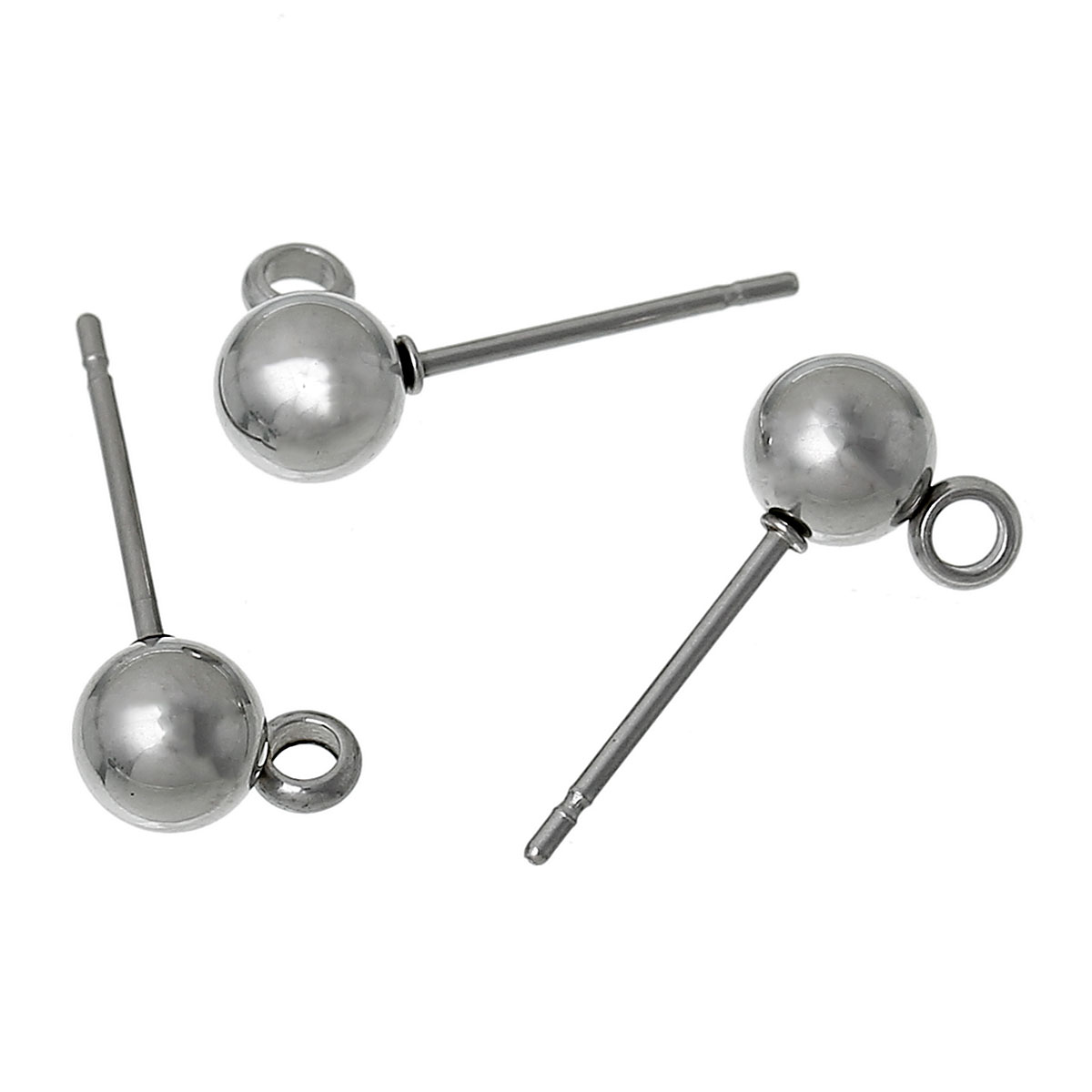 Picture of 304 Stainless Steel Ear Post Stud Earrings Findings Ball Silver Tone W/ Loop 17mm( 5/8") x 9mm( 3/8"), Post/ Wire Size: (21 gauge), 10 PCs