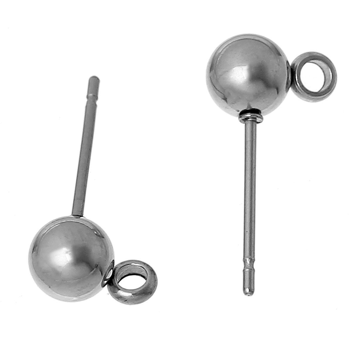 Picture of 304 Stainless Steel Ear Post Stud Earrings Findings Ball Silver Tone W/ Loop 17mm( 5/8") x 9mm( 3/8"), Post/ Wire Size: (21 gauge), 10 PCs