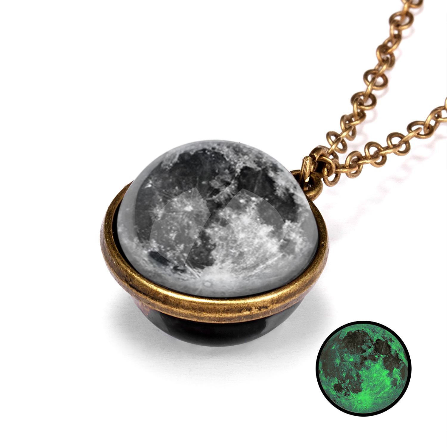 Picture of Zinc Based Alloy & Glass Double Sided Necklace Antique Bronze Planet Glow In The Dark 50cm(19 5/8") long, 1 Piece