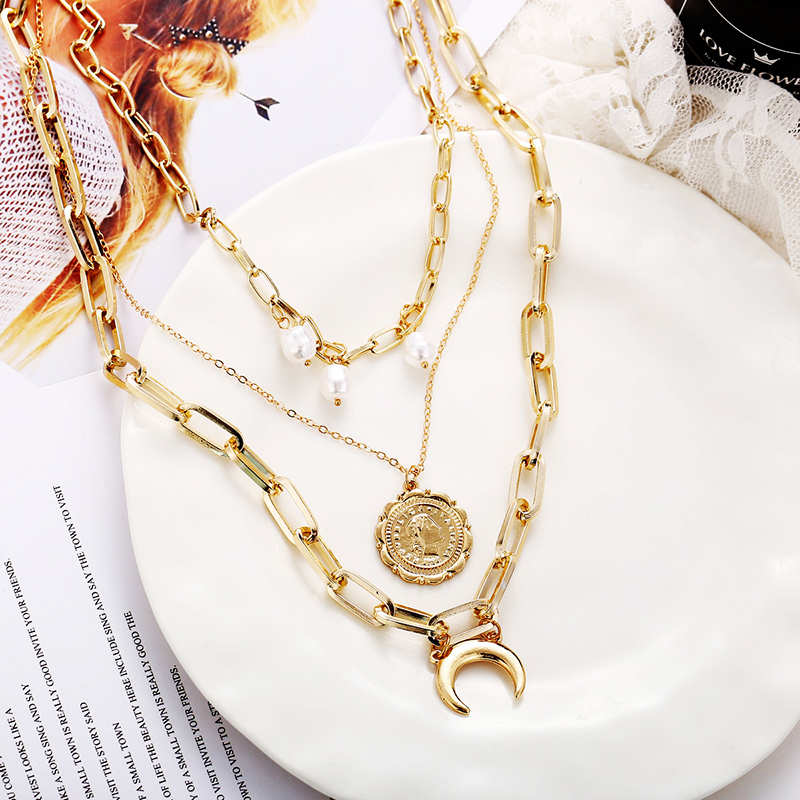 Picture of Multilayer Layered Paperclip Chains Necklace Gold Plated White Round Moon Imitation Pearl 35.9cm(14 1/8") long, 1 Piece