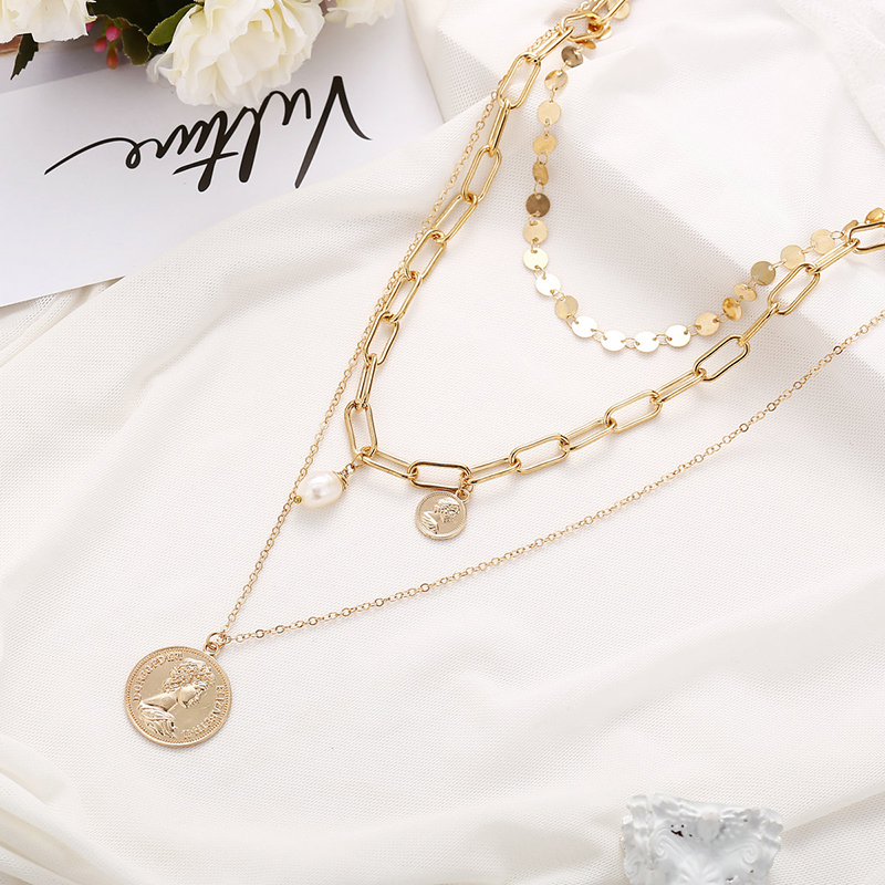 Picture of Multilayer Layered Paperclip Chains Necklace Gold Plated White Round Head Portrait Imitation Pearl 37.3cm(14 5/8") long, 1 Piece