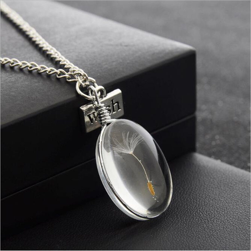 Picture of Lampwork Glass Necklace Silver Tone Transparent Clear Oval Dandelion 50cm(19 5/8") long, 1 Piece