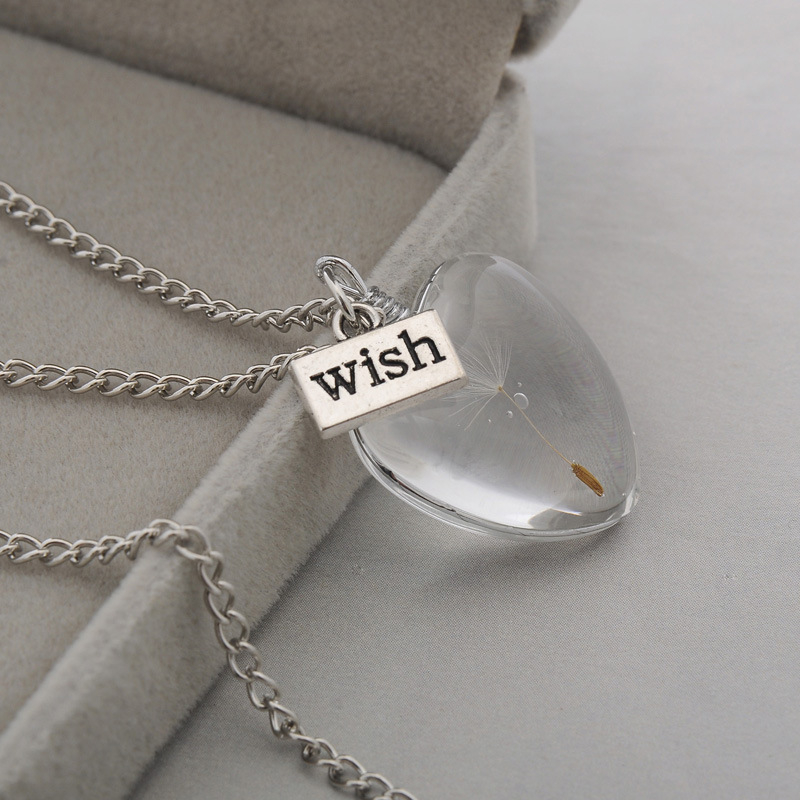 Picture of Lampwork Glass Necklace Silver Tone Transparent Clear Heart Dandelion 50cm(19 5/8") long, 1 Piece