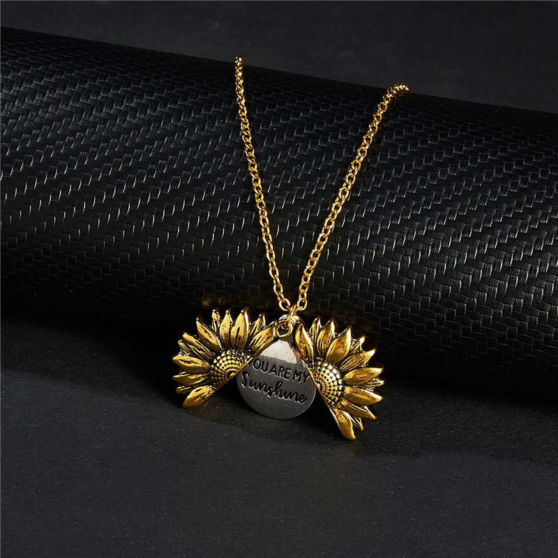 Picture of Necklace Gold Tone Antique Gold Sunflower Hidden Message " YOU ARE MY Sunshine " Can Open 52cm(20 4/8") long, 1 Piece
