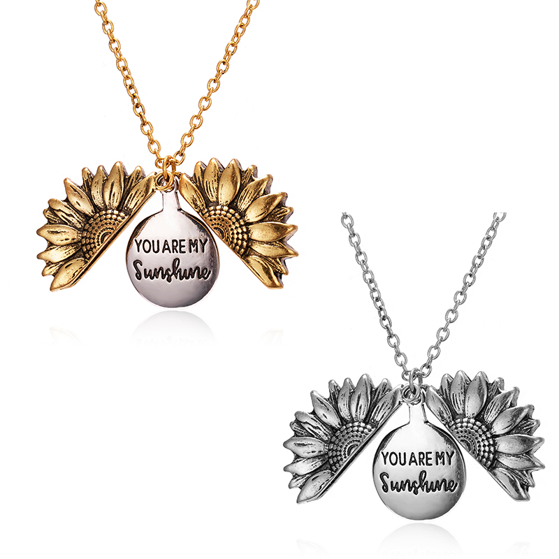 Picture of Necklace Gold Tone Antique Gold Sunflower Hidden Message " YOU ARE MY Sunshine " Can Open 52cm(20 4/8") long, 1 Piece