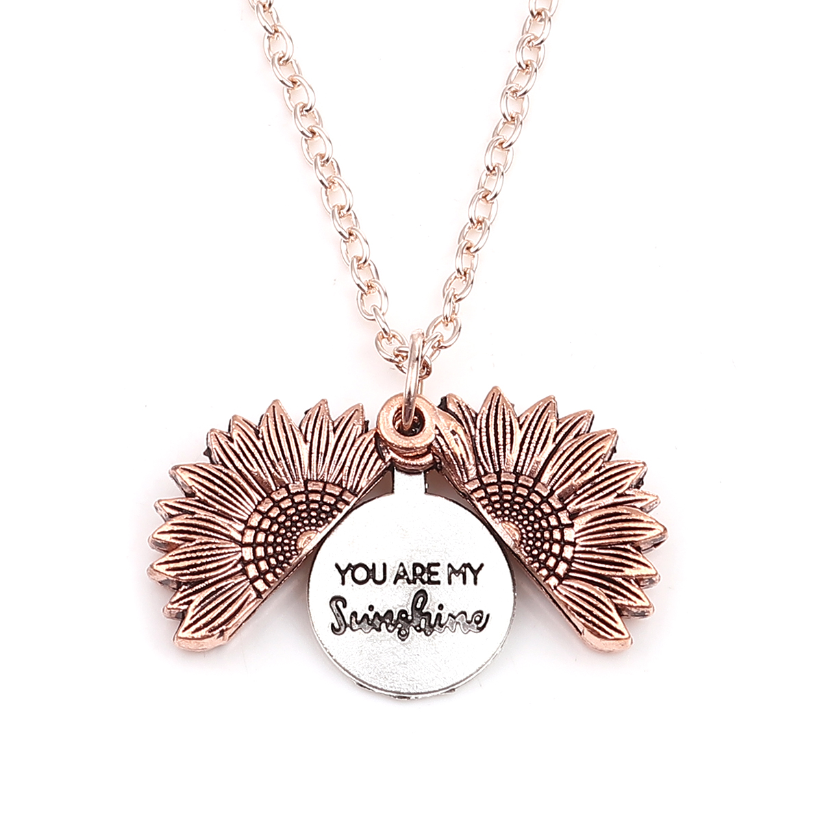 Picture of Sunflower Necklace Antique Rose Gold Hidden Message " You Are My Sunshine My Only Sunshine " Can Open 55cm(21 5/8") long, 1 Piece
