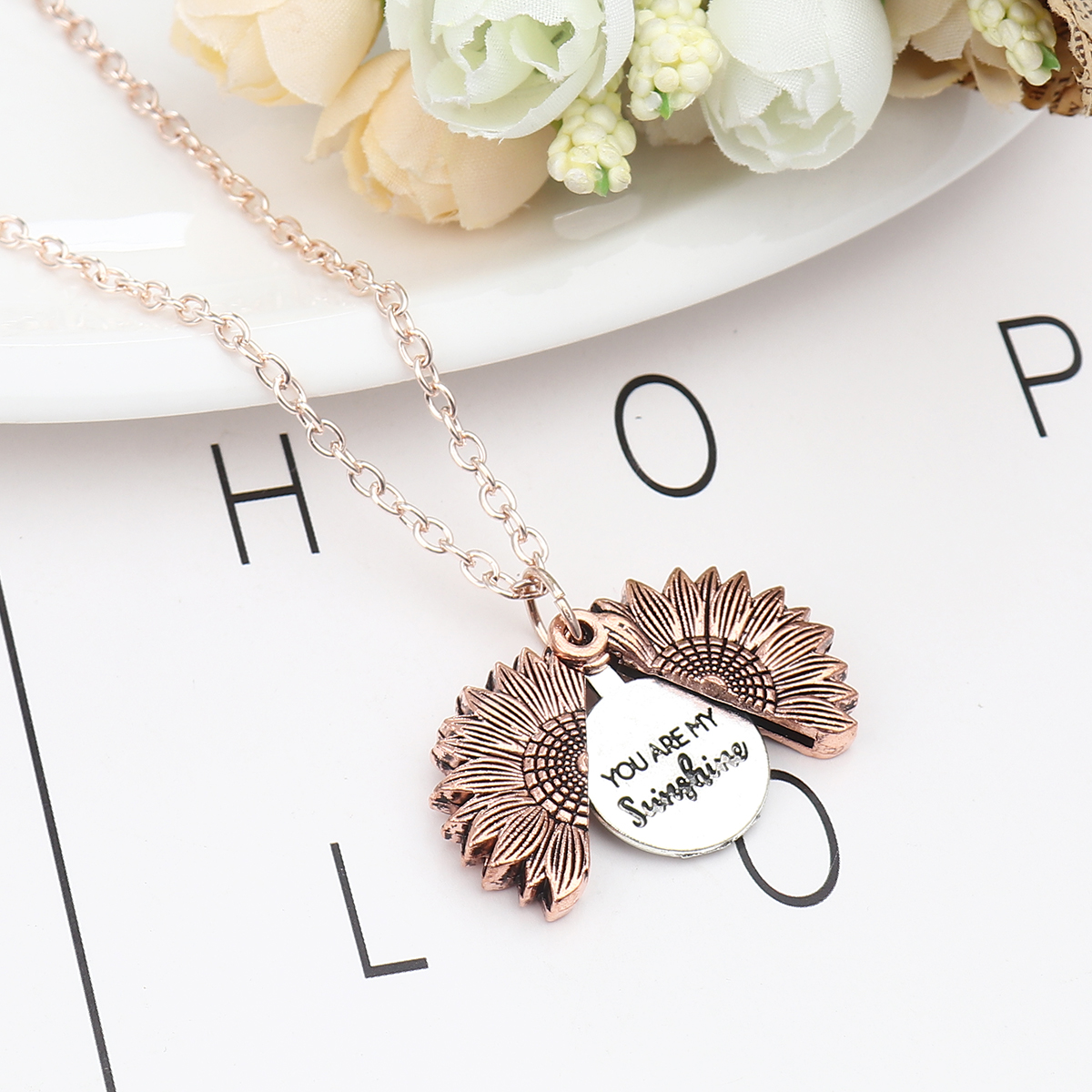 Picture of Sunflower Necklace Antique Rose Gold Hidden Message " You Are My Sunshine My Only Sunshine " Can Open 55cm(21 5/8") long, 1 Piece