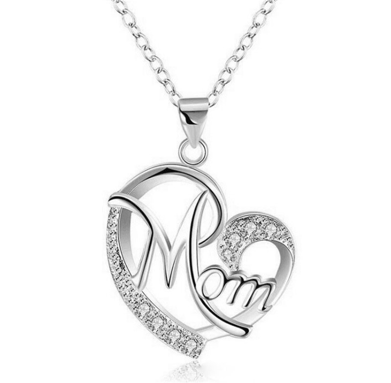 Picture of Mother's Day Necklace Silver Tone Heart Message " Mom " Clear Rhinestone 45cm(17 6/8") long, 1 Piece
