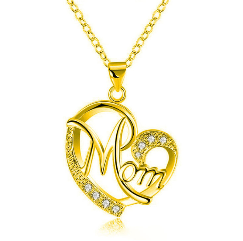 Picture of Mother's Day Necklace Gold Plated Heart Message " Mom " Clear Rhinestone 45cm(17 6/8") long, 1 Piece