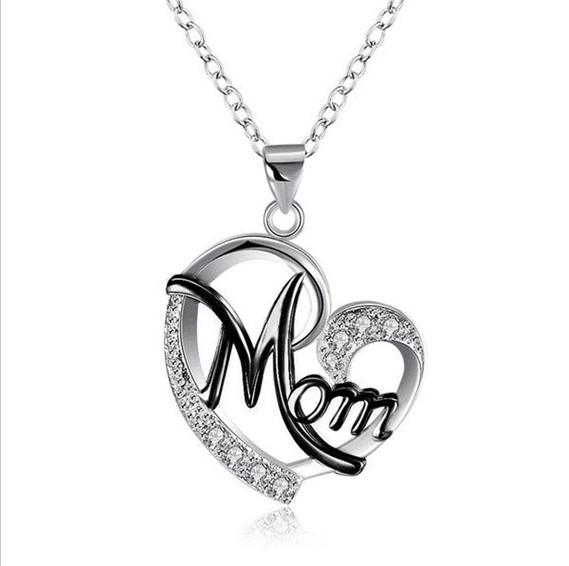 Picture of Mother's Day Necklace Silver Tone Black Heart Message " Mom " Clear Rhinestone 45cm(17 6/8") long, 1 Piece
