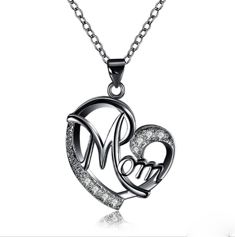 Picture of Mother's Day Necklace Black Heart Message " Mom " Clear Rhinestone 45cm(17 6/8") long, 1 Piece
