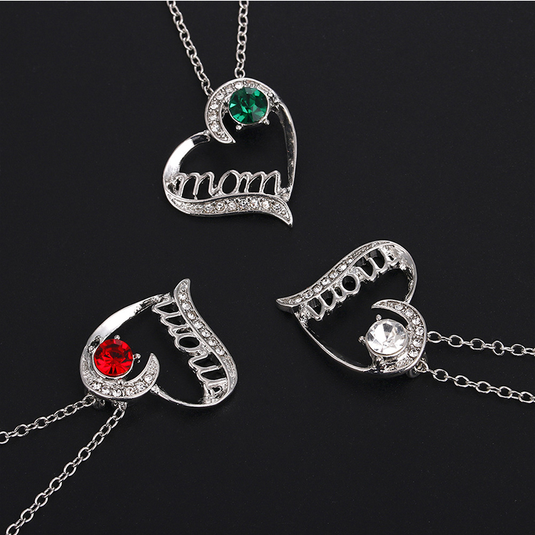 Picture of Mother's Day Necklace Silver Tone Heart Message " Mom " Clear Cubic Zirconia 45cm(17 6/8") long, 1 Piece