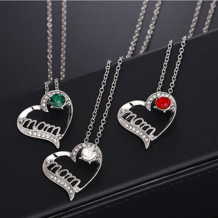 Picture of Mother's Day Necklace Silver Tone Heart Message " Mom " Red Cubic Zirconia 45cm(17 6/8") long, 1 Piece