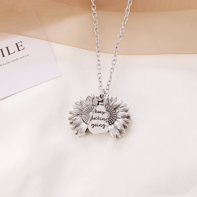 Picture of Necklace Antique Silver Color Sunflower Hidden Message " Keep fucking going " Can Open 52cm(20 4/8") long, 1 Piece