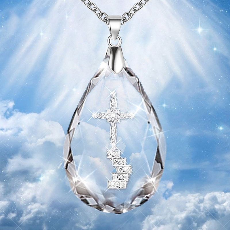 Picture of Necklace Silver Tone Drop Cross Clear Rhinestone 52cm(20 4/8") long, 1 Piece