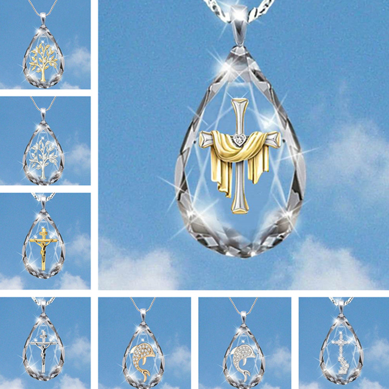 Picture of Necklace Gold Plated & Silver Tone Transparent Clear Cross 42cm(16 4/8") long, 1 Piece