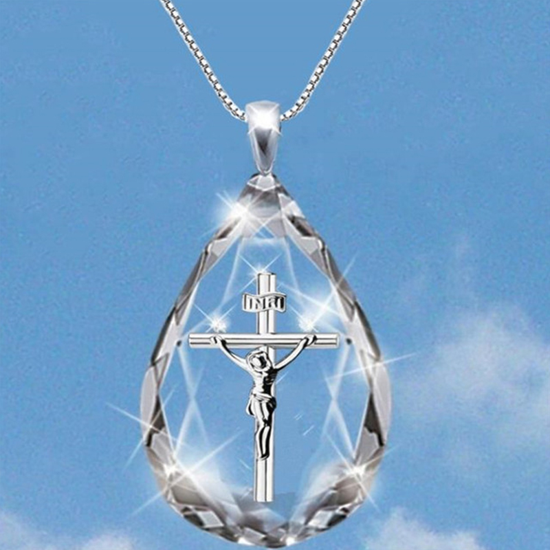Picture of Necklace Silver Tone Transparent Clear Cross Jesus 42cm(16 4/8") long, 1 Piece