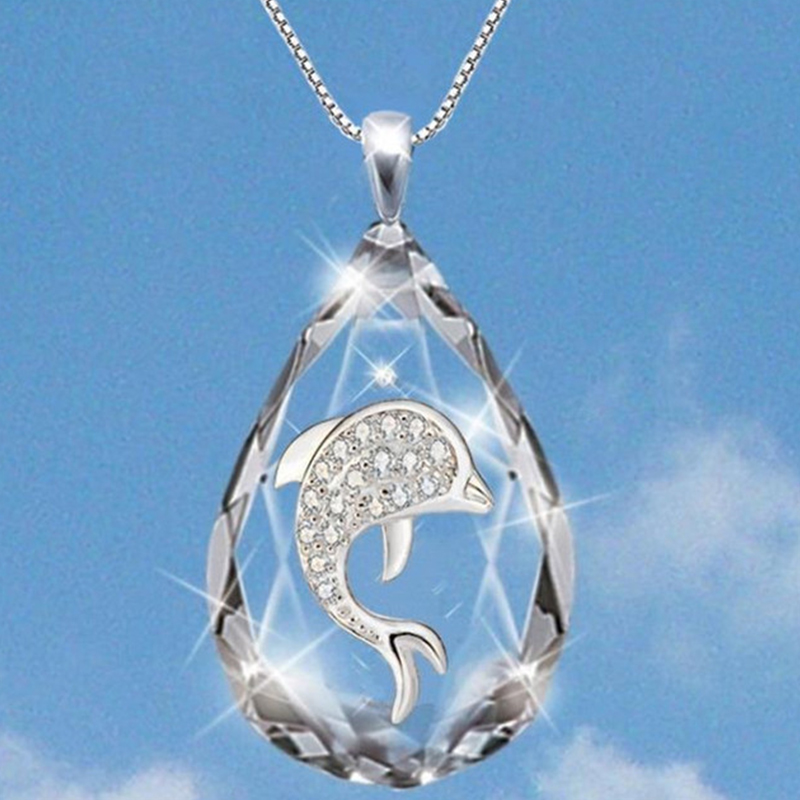 Picture of Necklace Silver Tone Transparent Clear Dolphin Animal Clear Rhinestone 42cm(16 4/8") long, 1 Piece