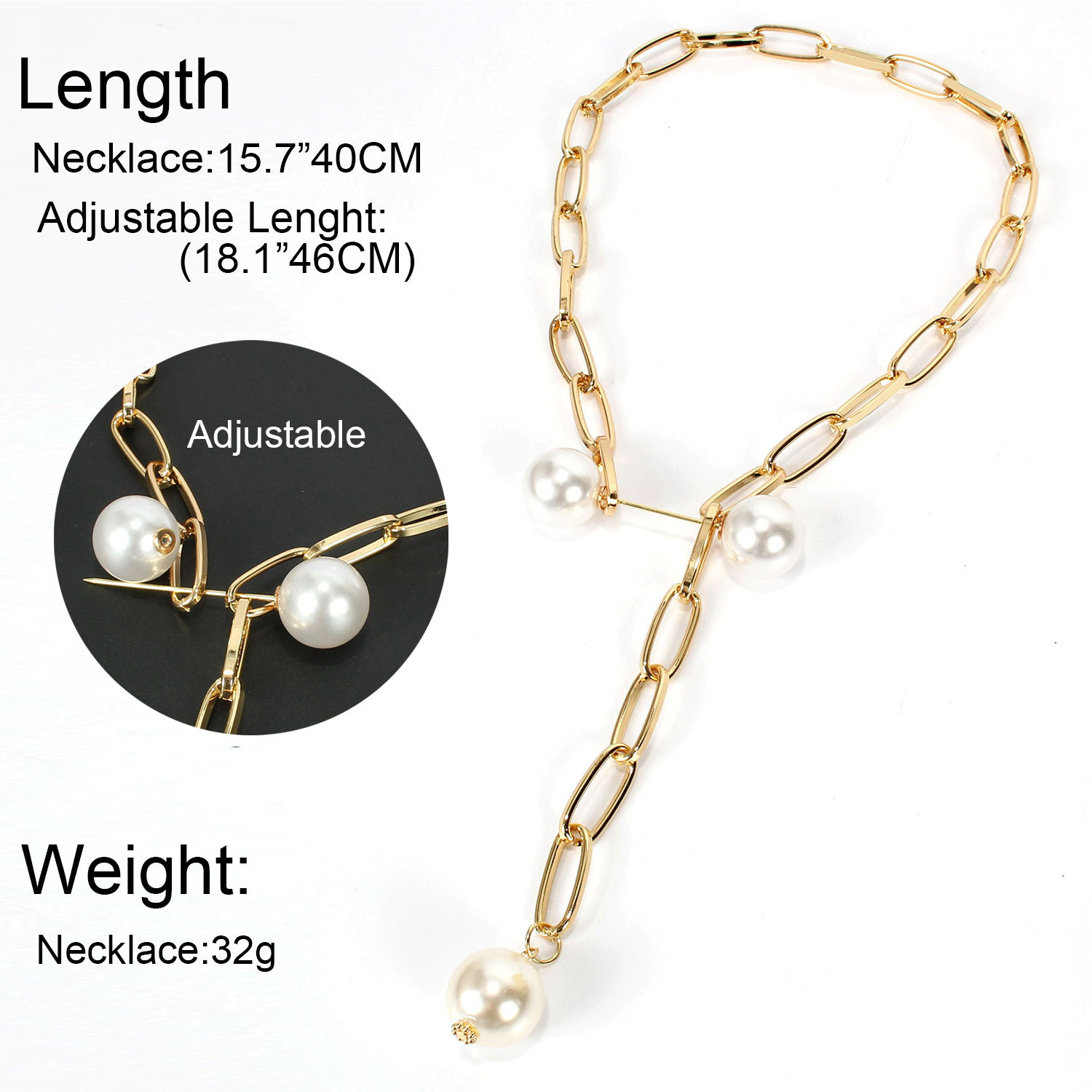 Picture of Baroque Y Shaped Lariat Cuba Paperclip Chains Necklace Gold Plated White 1 Piece