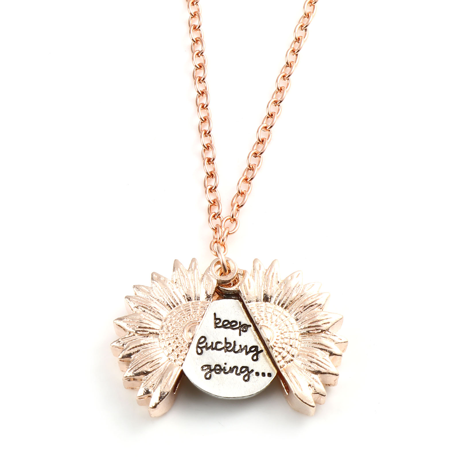 Picture of Necklace Rose Gold Sunflower Hidden Message " Keep fucking going " Can Open 52cm(20 4/8") long, 1 Piece