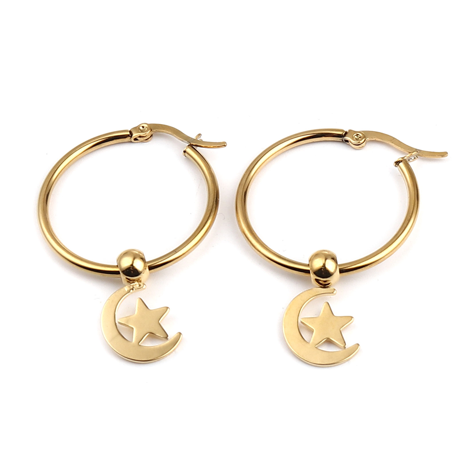 Immagine di Acciaio Inossidabile Galassia orecchino cerchio Oro Placcato Luna Stella 44mm x 29mm, Posta / Filo Dimensione: (17 misura), 1 Paio