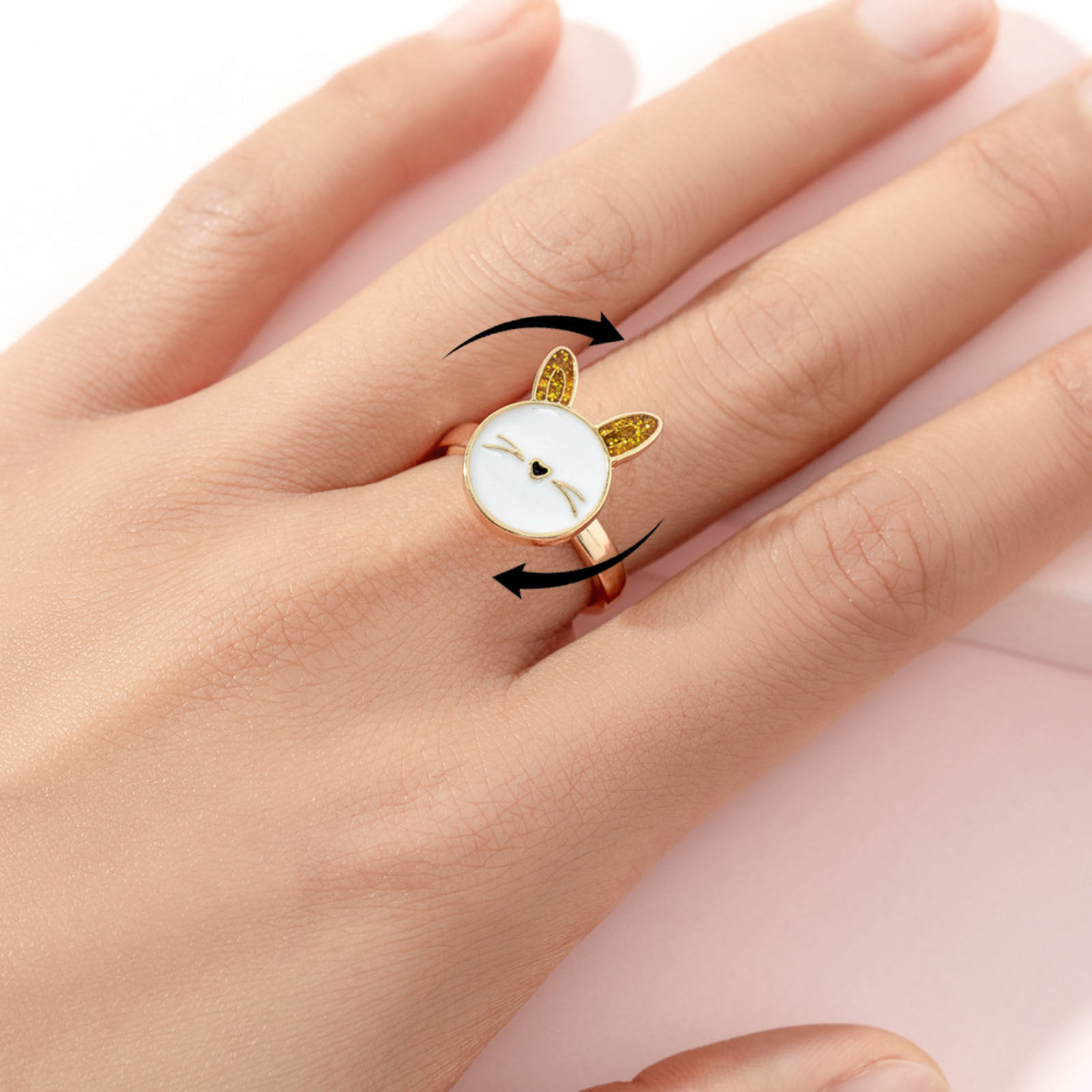 Picture of Children Kids Open Stress Relieving Anxiety Ring Fidget Spinner Rings Gold Plated Enamel White Rabbit Animal 2cm Dia., 1 Piece