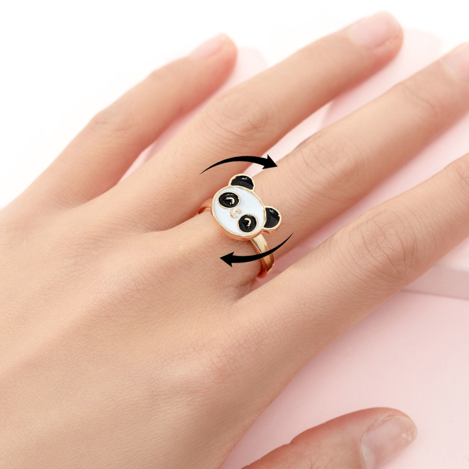 Picture of Children Kids Open Stress Relieving Anxiety Ring Fidget Spinner Rings Gold Plated Enamel White Panda Animal 2cm Dia., 1 Piece
