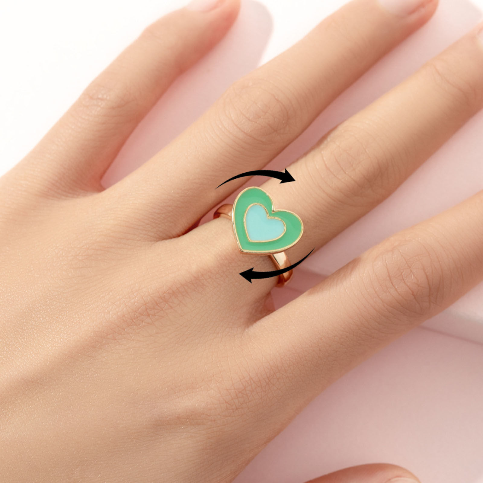 Picture of Children Kids Open Stress Relieving Anxiety Ring Fidget Spinner Rings Gold Plated Enamel Green Heart 2cm Dia., 1 Piece