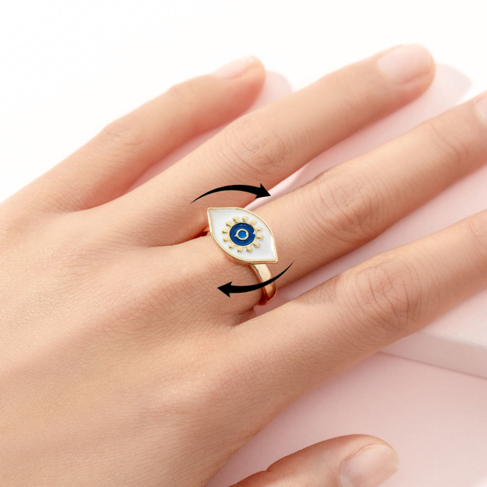 Picture of Children Kids Open Stress Relieving Anxiety Ring Fidget Spinner Rings Gold Plated Enamel White Eye 2cm Dia., 1 Piece