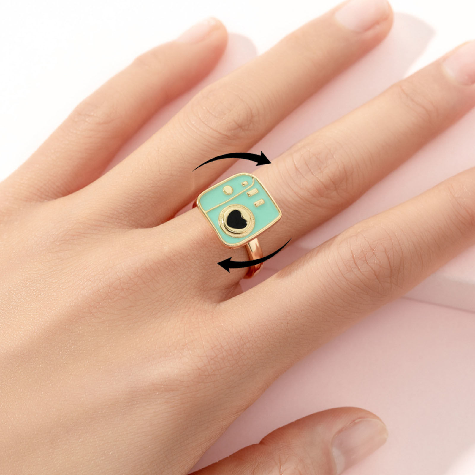 Picture of Children Kids Open Stress Relieving Anxiety Ring Fidget Spinner Rings Gold Plated Enamel Green Camera 2cm Dia., 1 Piece