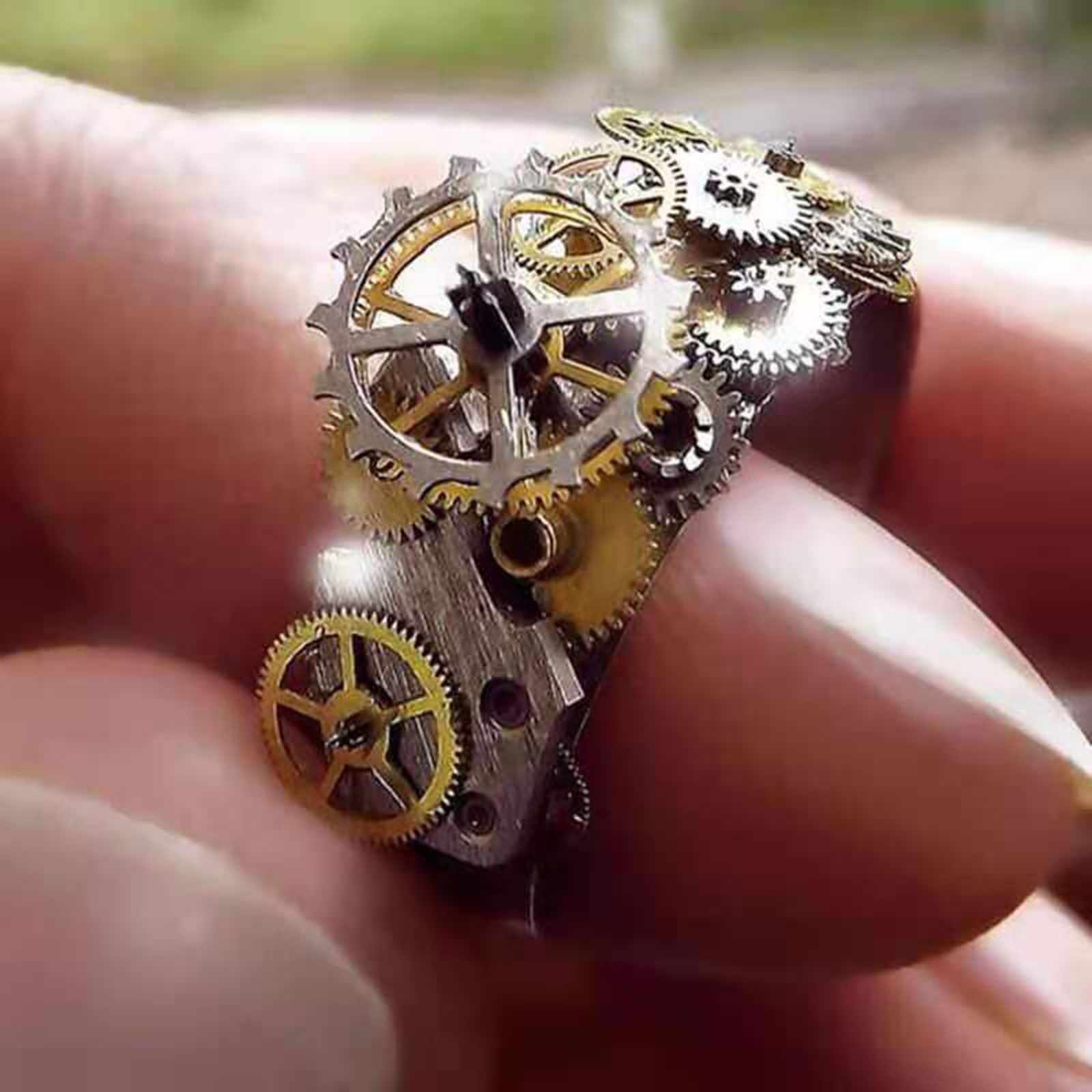 Picture of Steampunk Unadjustable Rings Gold Plated & Silver Tone Hollow Gear 16.5mm(US Size 6), 1 Piece