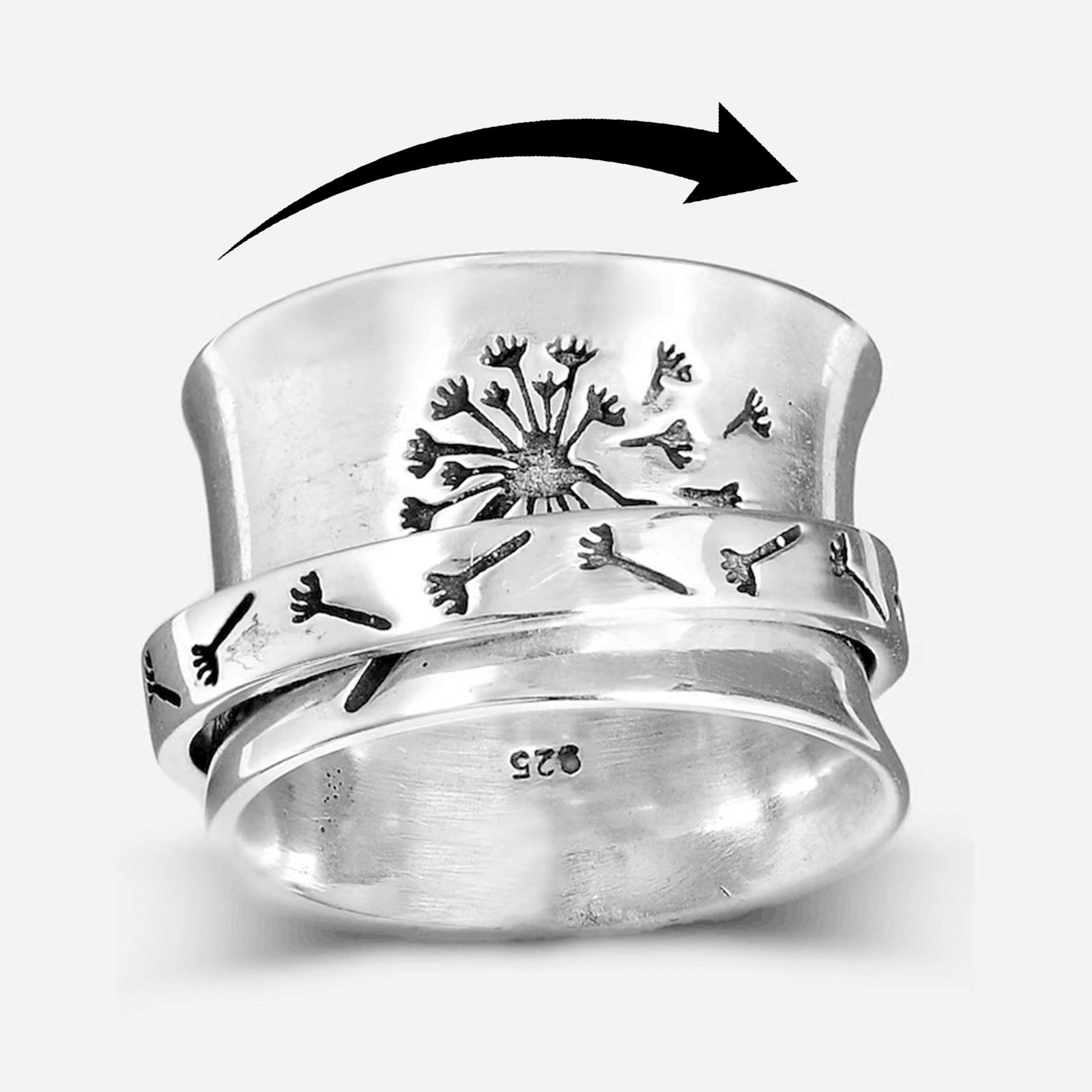 Picture of Stress Relieving Anxiety Fidget Spinner Unadjustable Retro Rings Antique Silver Color Rotatable Round Dandelion 19.8mm(US Size 10), 1 Piece
