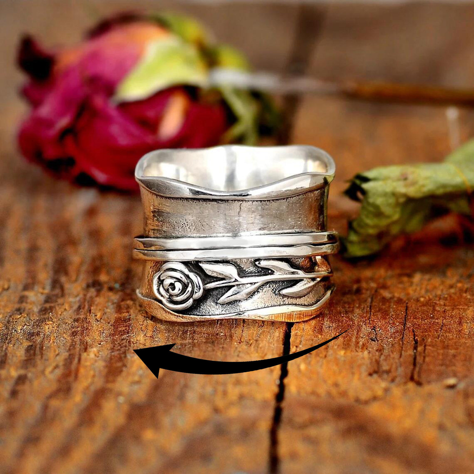 Picture of Stress Relieving Anxiety Fidget Spinner Unadjustable Retro Rings Antique Silver Color Rotatable Round Rose Flower 18.9mm(US Size 9), 1 Piece