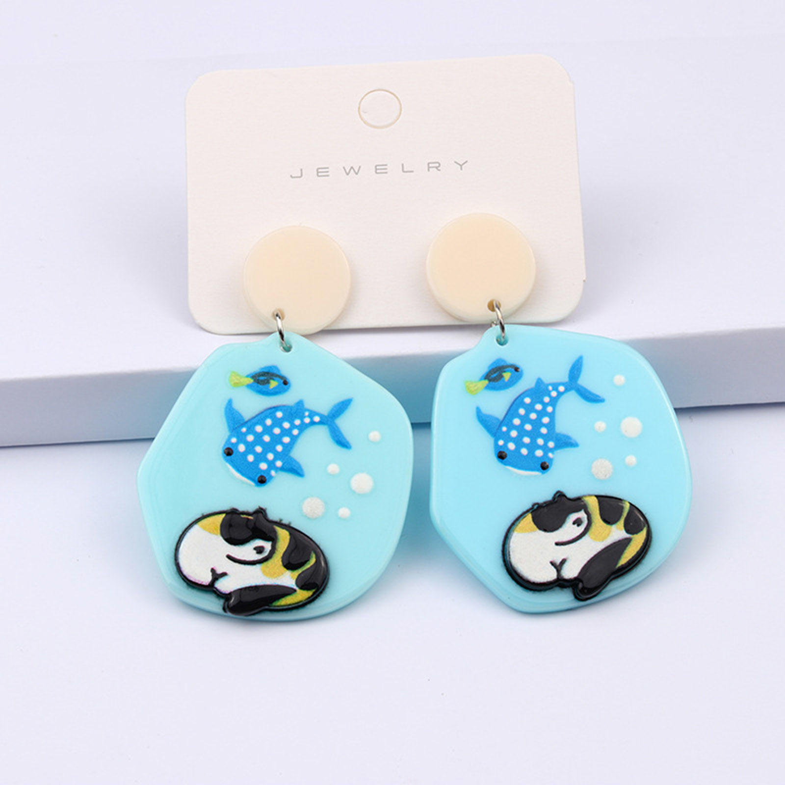 Picture of Acrylic Cute Ear Post Stud Earrings Silver Tone Blue Polygon Cat 6cm x 3cm, 1 Pair