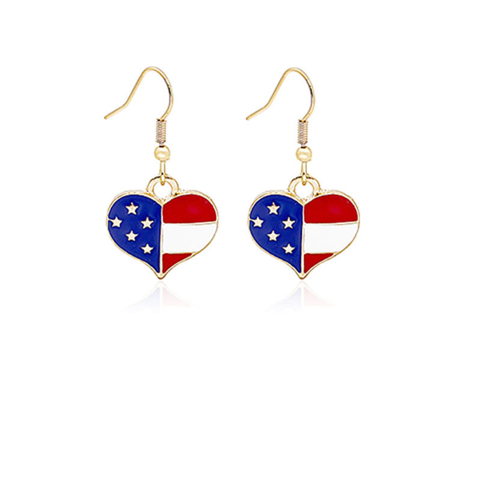 Picture of American Independence Day Ear Wire Hook Earrings Gold Plated Multicolor Heart Flag Of The United States Enamel 22mm x 19mm, 1 Pair
