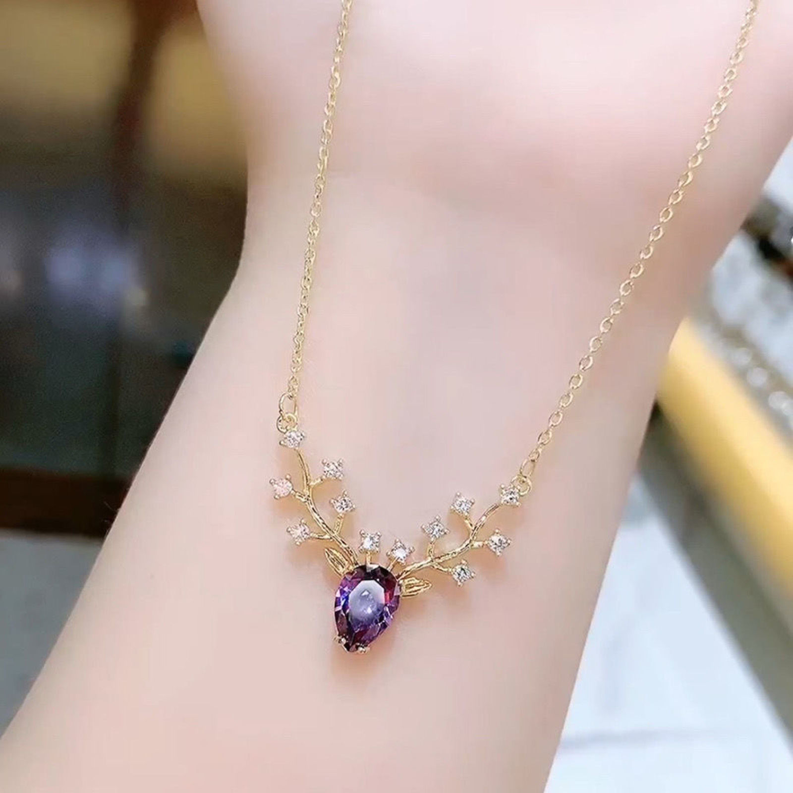 Picture of Stylish Pendant Necklace Gold Plated Deer Animal Purple Cubic Zirconia 40cm(15 6/8") long, 1 Piece