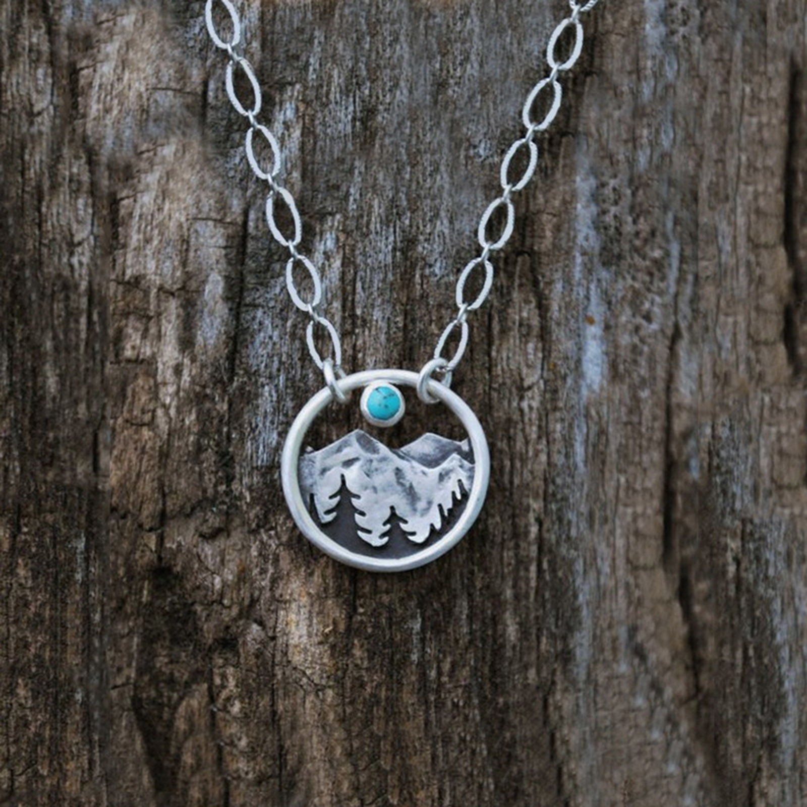 Picture of Boho Chic Bohemia Pendant Necklace Antique Silver Color Circle Ring Mountain Imitation Turquoise 45cm(17 6/8") long, 1 Piece