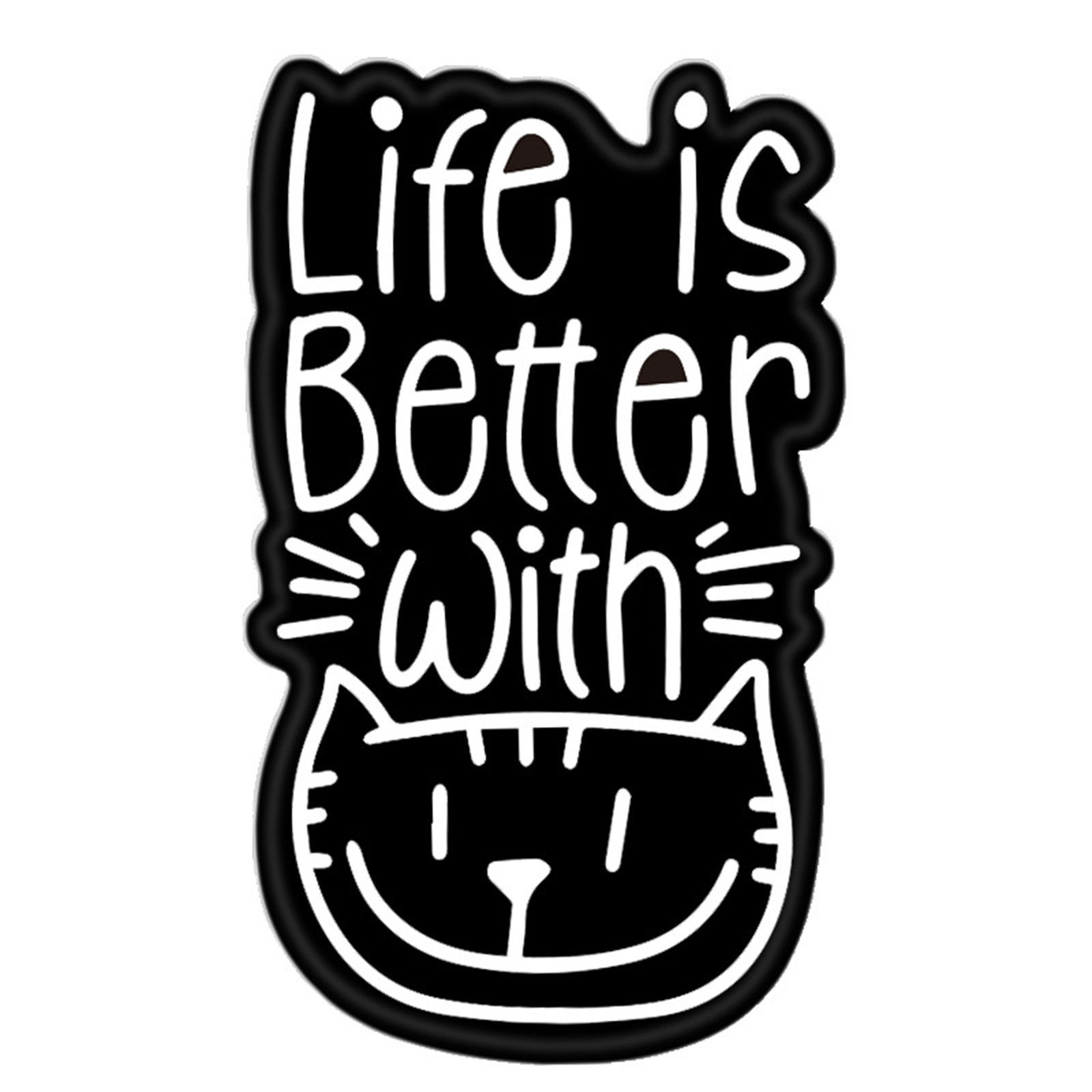 Picture of Cute Pin Brooches Cat Animal Message " Life Is Better With Cats " Black & White Enamel 3.1cm x 1.9cm, 1 Piece
