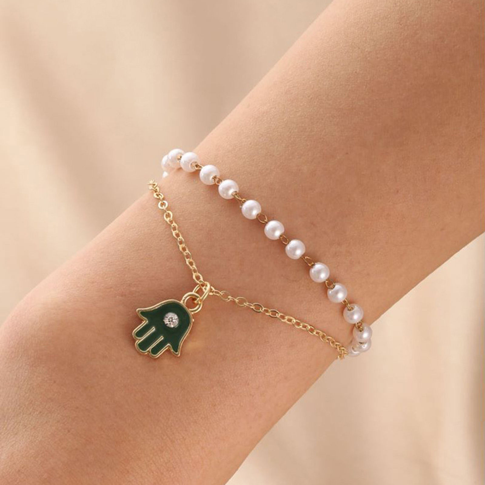 Picture of Elegant Multilayer Layered Bracelet Gold Plated Green Hamsa Symbol Hand Imitation Pearl 18cm(7 1/8") long, 1 Piece