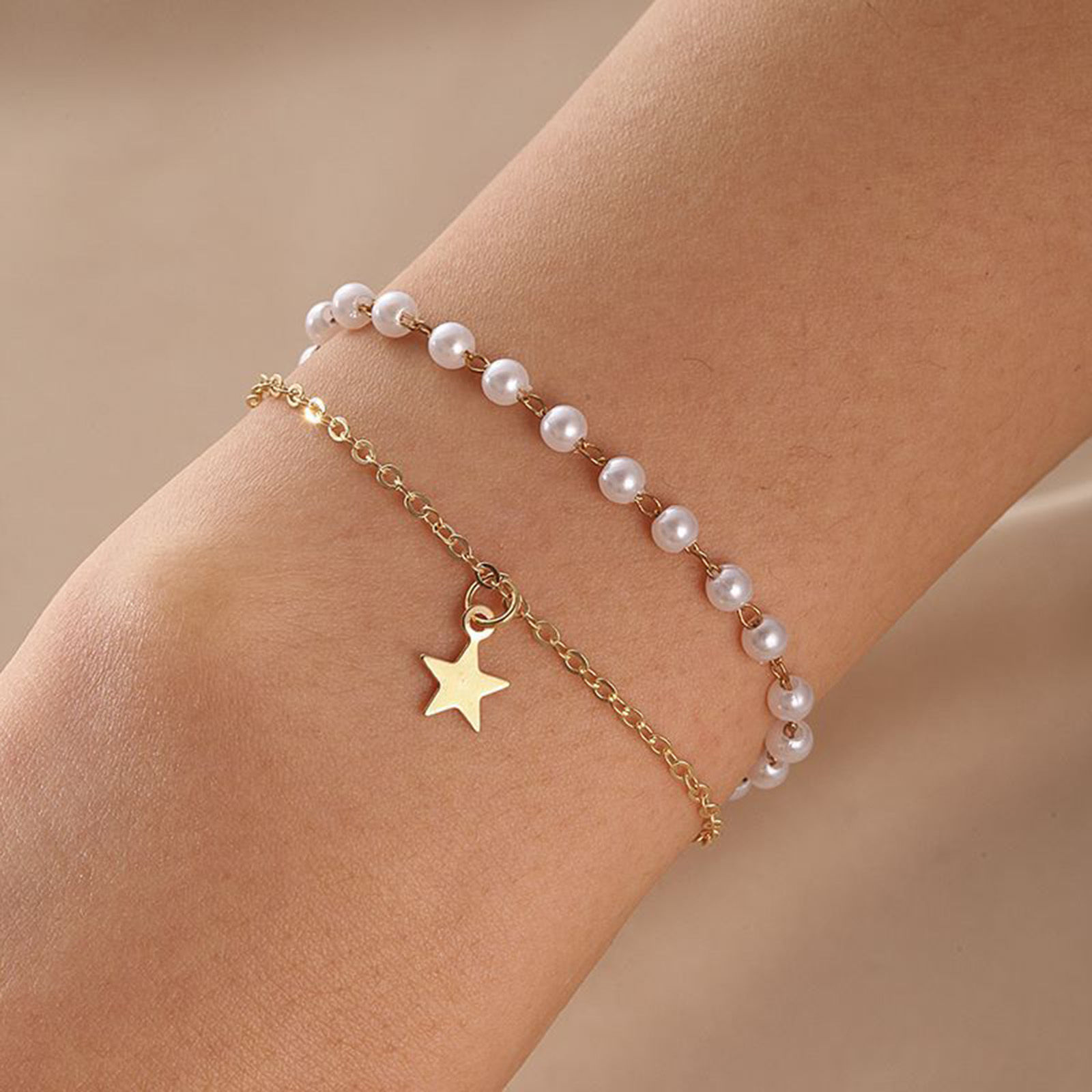 Picture of Elegant Multilayer Layered Bracelet Gold Plated Pentagram Star Imitation Pearl 18cm(7 1/8") long, 1 Piece